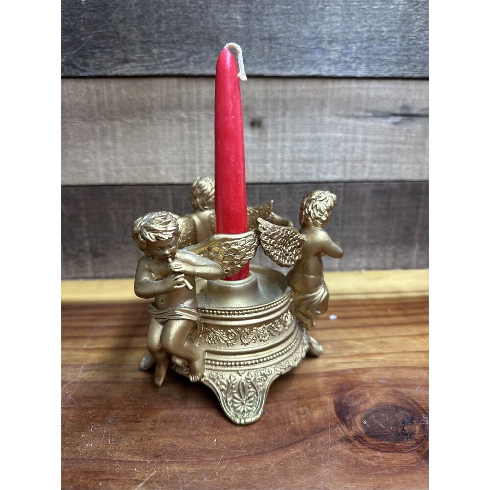 Cherub Angels Candle Holder Gold Resin Teleflora Taper Playing Instruments